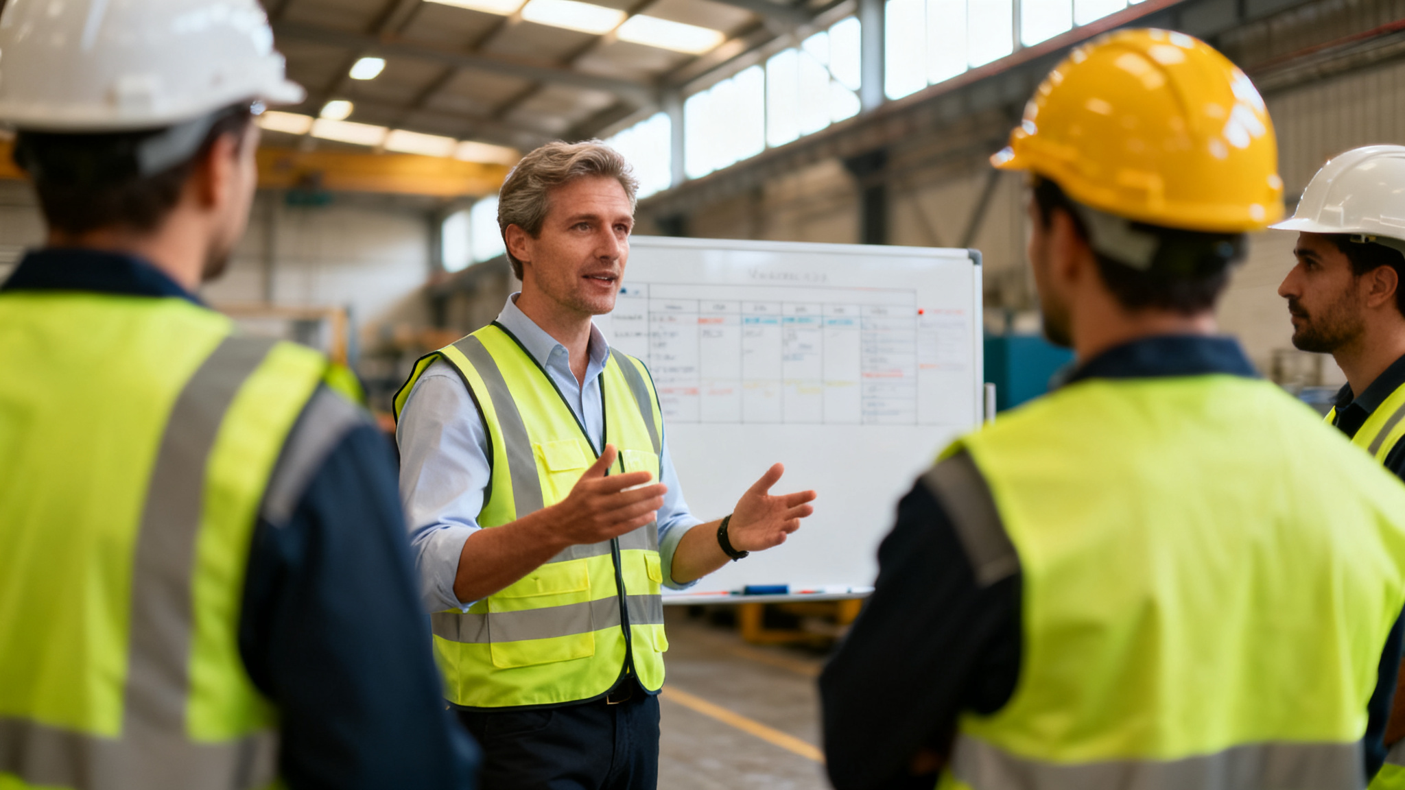 Agent de maîtrise briefe son équipe en atelier industriel