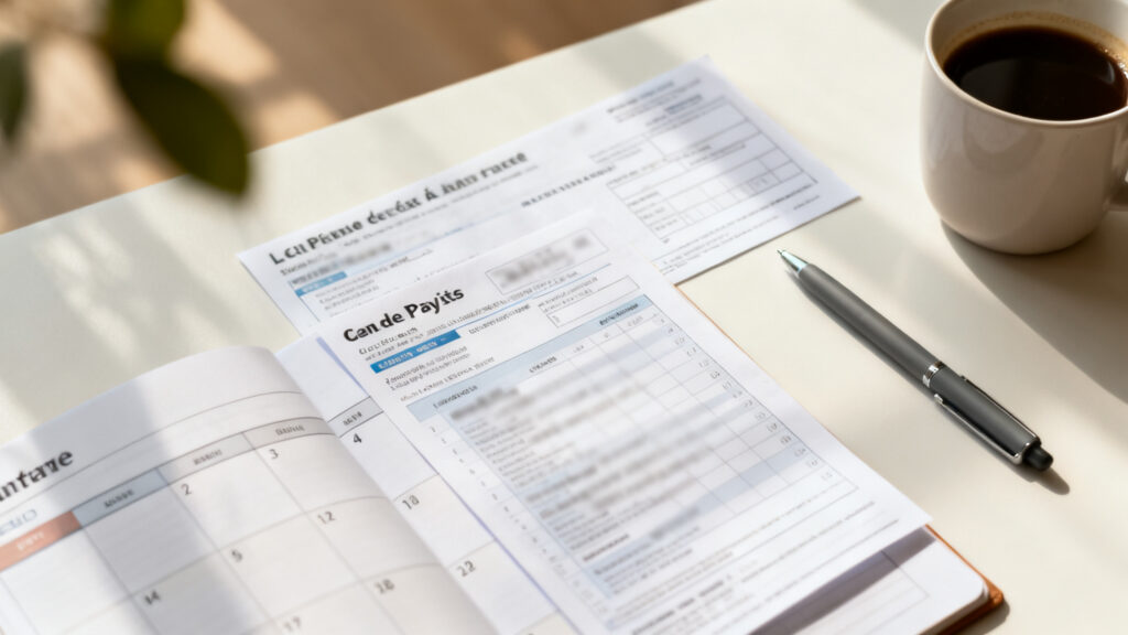 Planner et fiche de paie illustrant salaire lissé sur 12 mois
