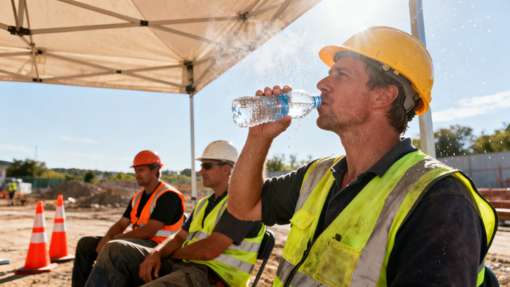 Ouvriers BTP hydratation et ombre lors de fortes chaleurs