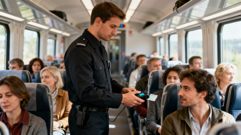 Contrôleur SNCF vérifiant un titre à bord d’un train