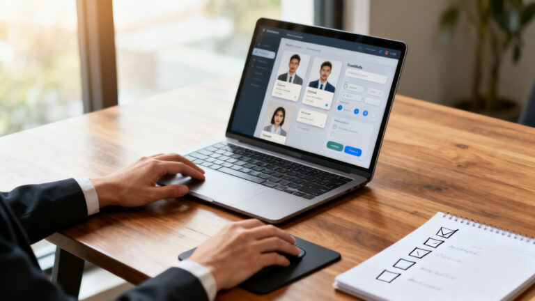 Recruteur explorant une cvthèque gratuite sur ordinateur portable