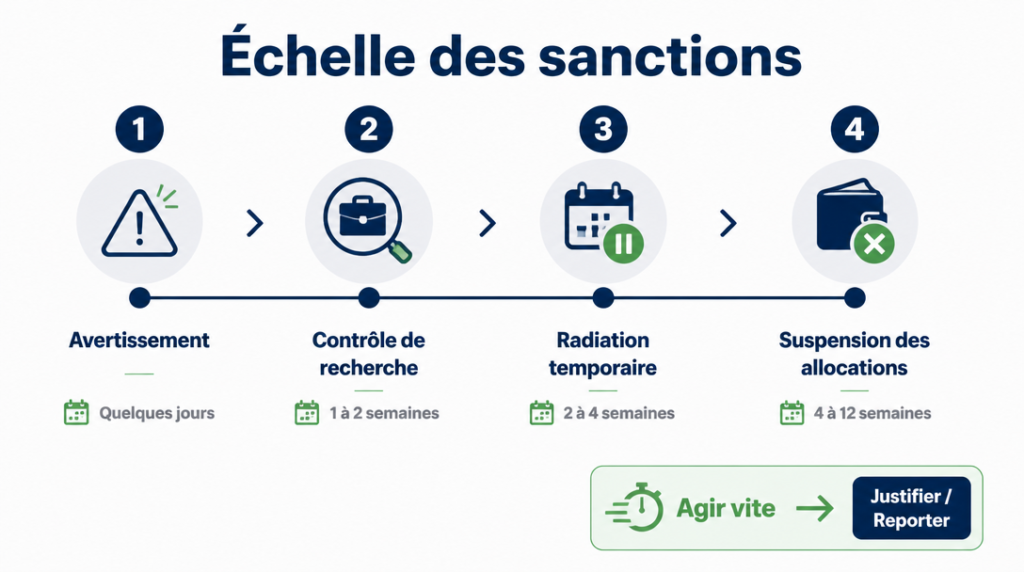 Schéma des sanctions : avertissement, contrôle, radiation, suspension