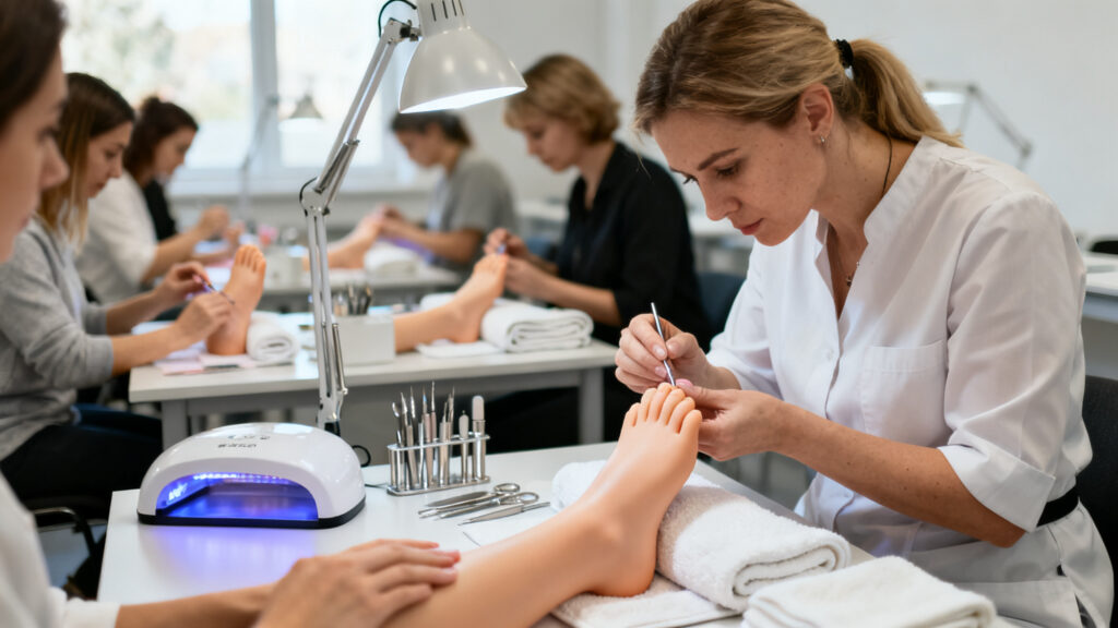 Apprenants en formation pédicure sur modèles réels