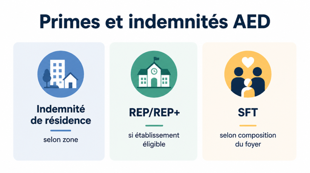 Infographie primes AED : résidence, REP et SFT