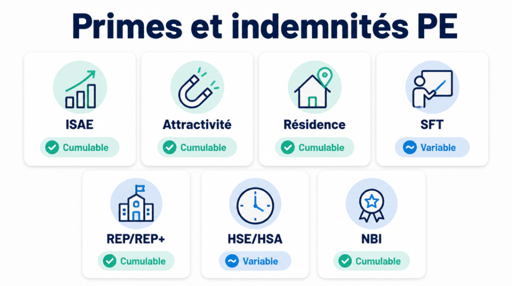Principales primes ISAE, attractivité, résidence, SFT, REP