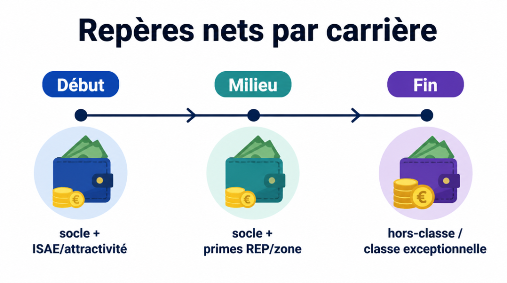 Timeline des repères nets début, milieu et fin de carrière