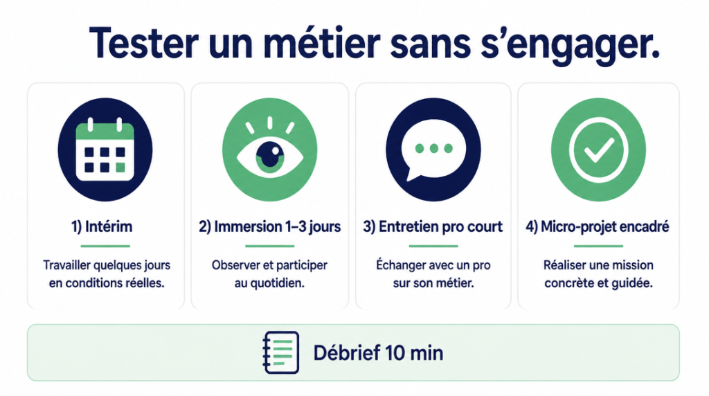 Infographie des méthodes pour tester un métier sans risque