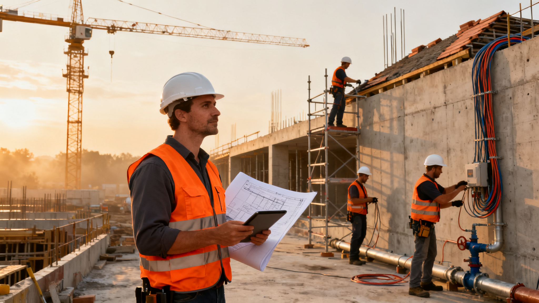 Professionnels des métiers du bâtiment coordonnant un chantier