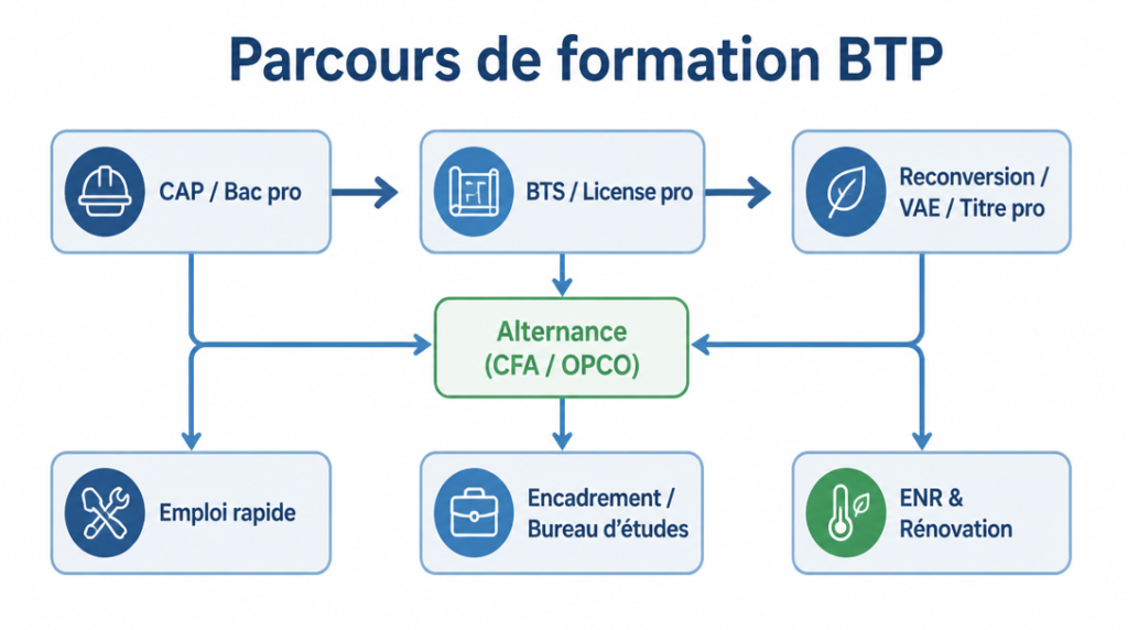 Schéma des parcours CAP, BTS, VAE vers métiers du BTP