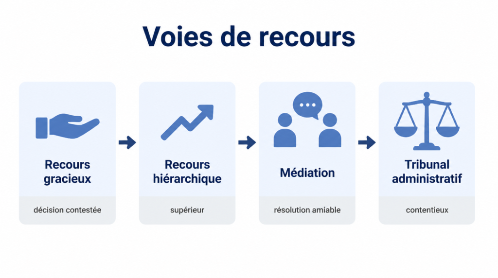 Schéma des recours : gracieux, hiérarchique, médiation, tribunal