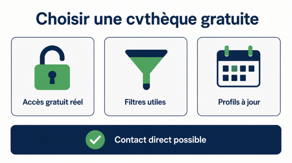 Infographie des critères : accès gratuit, filtres, profils à jour