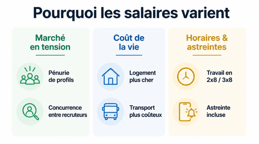 Schéma des facteurs : marché, coût de la vie, horaires et astreintes