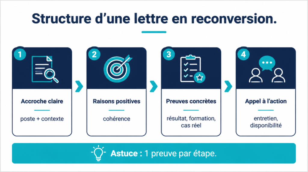 Schéma de structure en 4 étapes d’une lettre en reconversion