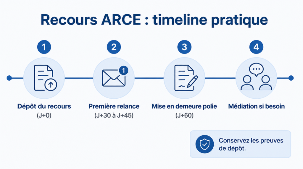 Timeline du recours gracieux ARCE et relances jusqu’à médiation