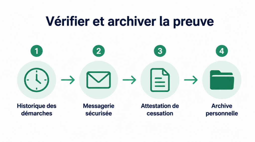 Étapes historique, messagerie et attestation de cessation