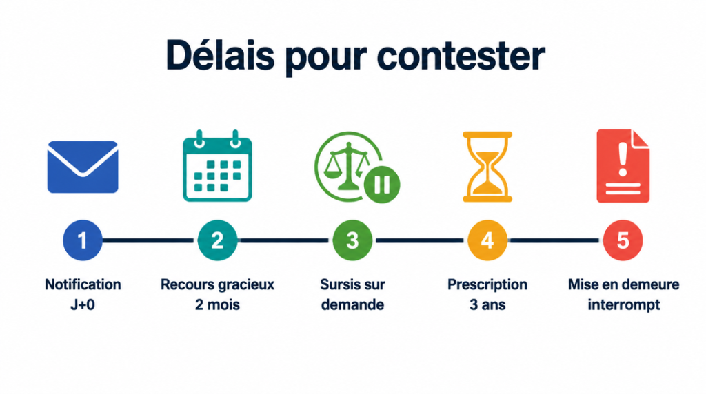 Timeline des délais de contestation et prescription