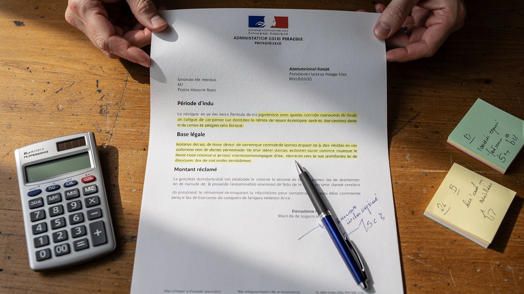 Lettre d’indu annotée avec période et montants
