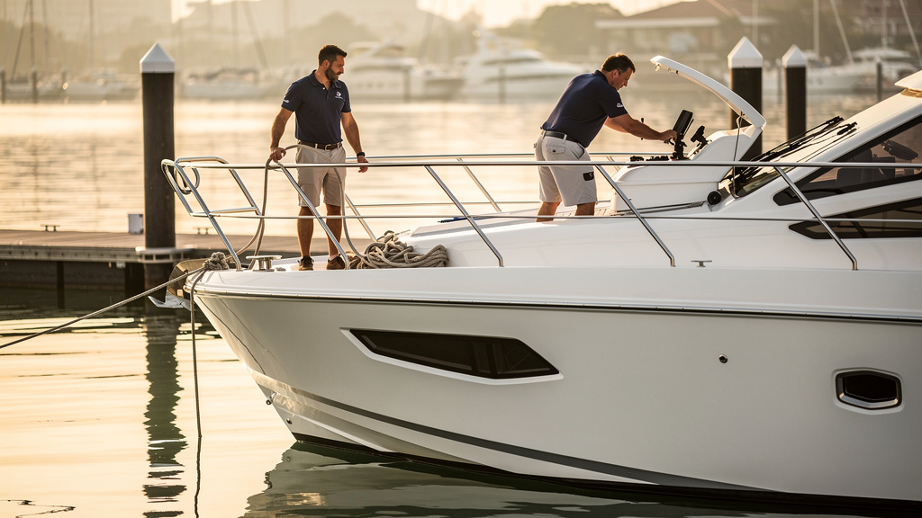 Équipage préparant un yacht moderne au port, métiers du yachting